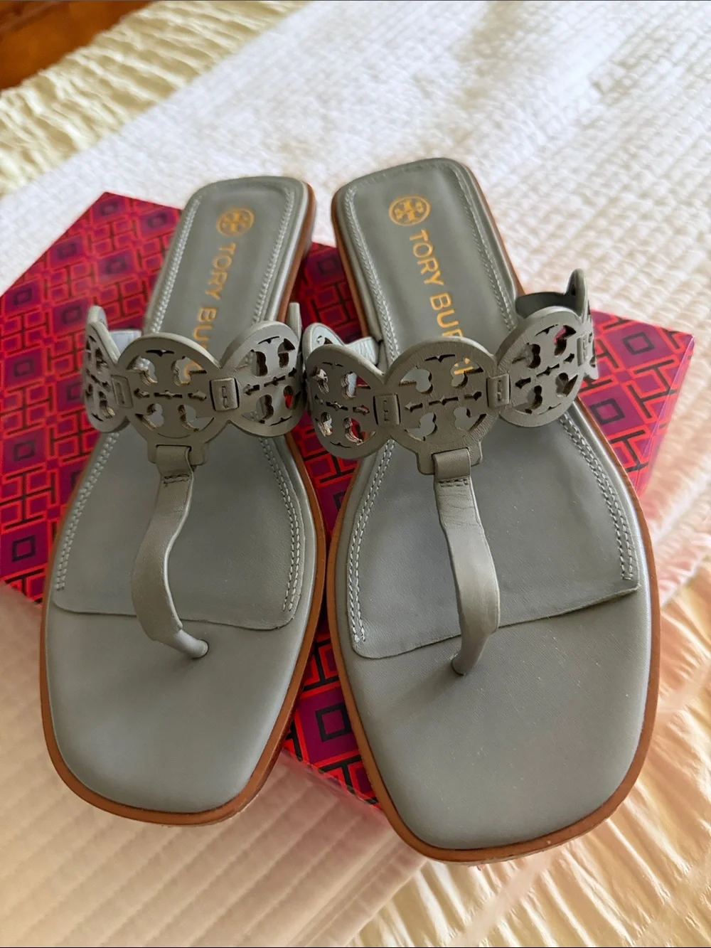 Tory Burch Light Gray Miller Leather Thong Sandals